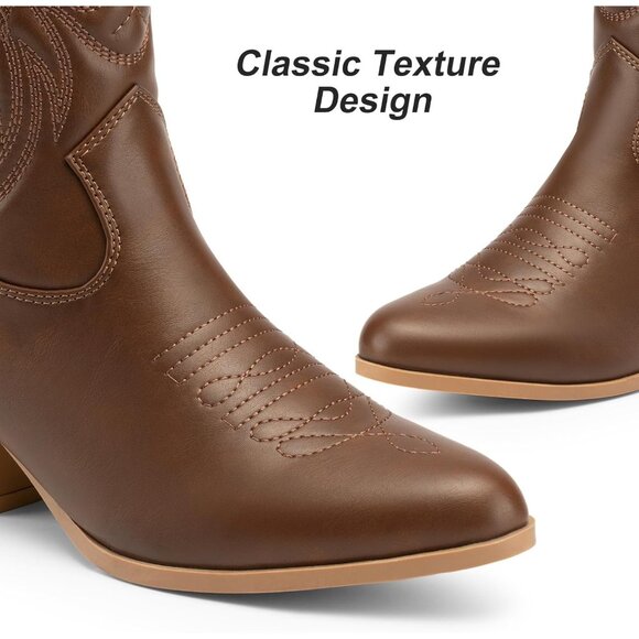 Dodow Women's Brown Pointed Toe Zipper Western Cowgirl Pu Mid Calf Boots - Picture 3 of 6